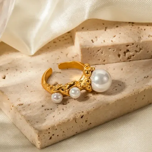 ZTRT317 18K Gold Plated Stainless Steel Pearl Open Ring, Elegant Wholesale Jewelry for Women
