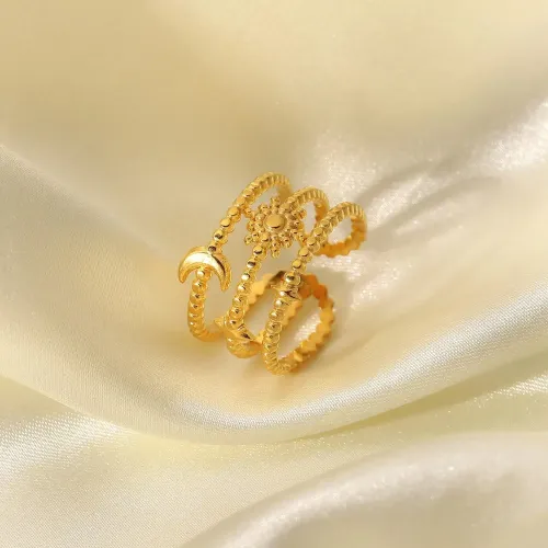 ZTRT311 Triple Layer Star and Moon Ring, 18K Gold Plated Open Band, Stainless Steel Women's Jewelry