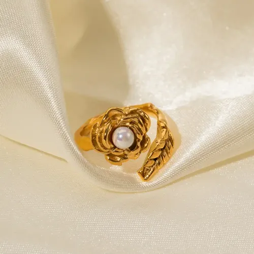ZTRT170 18K Gold Stainless Camellia Pearl Open Ring Chic Women's Hand Jewelry