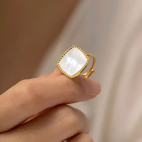 ZTRT110 18K Gold Plated Open Ring with White Mother of Pearl Inlay Stainless Steel Elegance