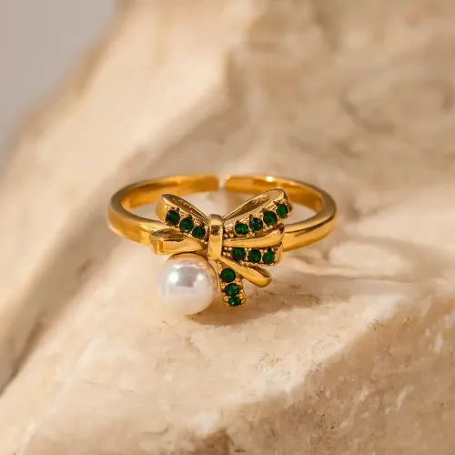 ZTRT330 18K Gold Pearl Open Ring with Green Diamond Butterfly Wholesale Jewelry