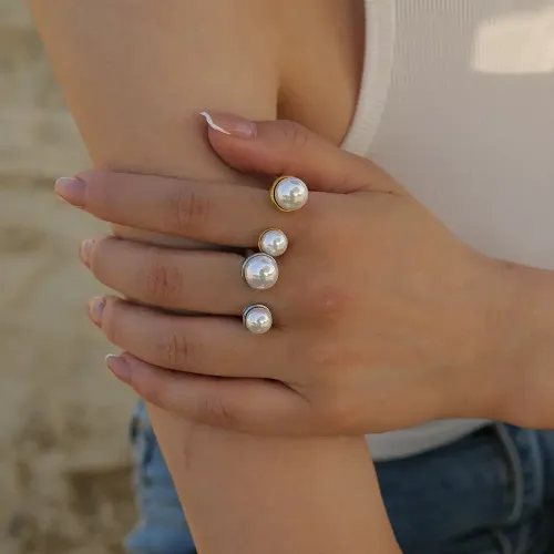 ZTRT86 Wholesale 18K Gold Stainless Steel Open Size Pearl Ring, Adjustable Design
