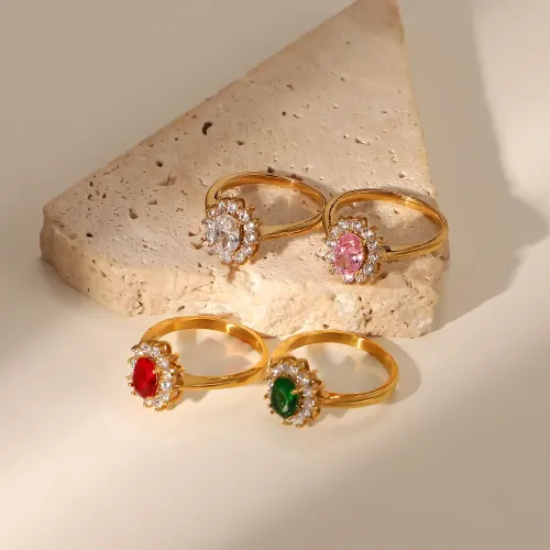 ZTRT97 18K Gold Plated Double Layer Rough Zircon Ring, Stainless Steel Oval Colored Jewelry for Women