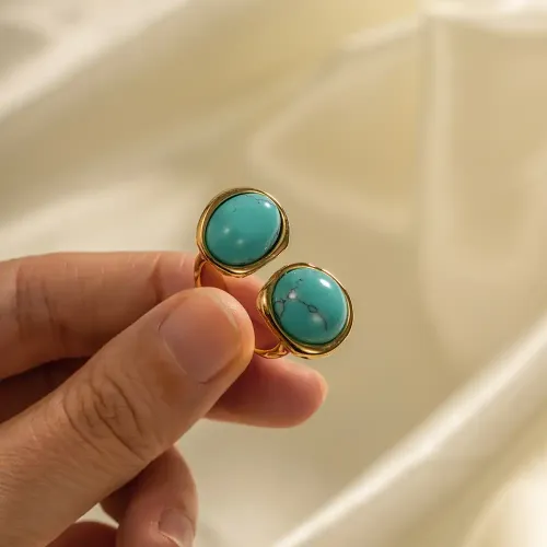 ZTRT106 18K Gold Plated Stainless Steel Ring with Natural Blue Agate Luxury Women's Jewelry