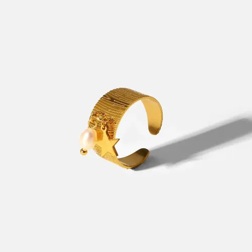 ZTRT233 Geometric Star Pearl Pendant Open Ring, 18K Gold Stainless Steel, Adjustable Women's Jewelry