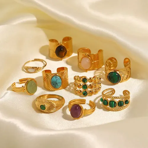 ZTRT1 Wholesale 18K Gold Plated Stainless Steel Ring with Malachite Luxury Jewelry
