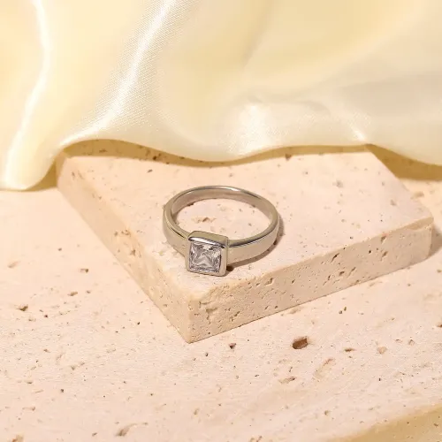 ZTRT324 Waterproof Square Zirconia Ring Stainless Steel Transparent Women's Jewelry