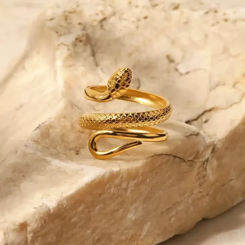 ZTRT10 18K Gold Plated Adjustable Snake Ring Textured Stainless Steel Women's Jewelry