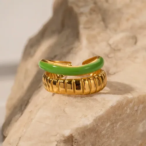 ZTRT328 18K Gold Double Layer Open Ring Stainless Steel with Green Enamel Bread Pattern