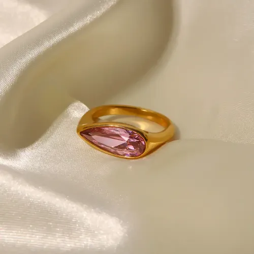 ZTRT172 18K Gold Plated Stainless Steel Ring Women's Pink Oval Cubic Zirconia Band