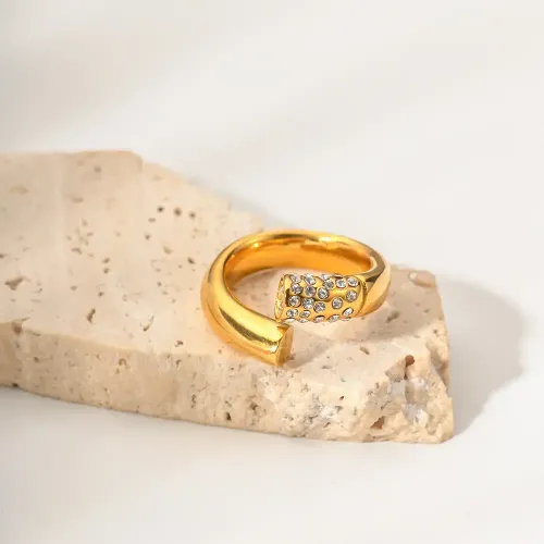 ZTRT332 18K Gold Plated Staggered Diamond Open Ring Stainless Steel Wholesale Jewelry