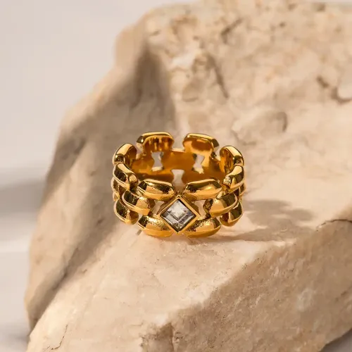 ZTRT102 18K Gold Plated Symmetrical Square Zircon Ring Stainless Steel Wholesale Jewelry