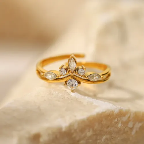 ZTRT302 Chic 18K Gold Plated Stainless Steel Open Ring with White Cubic Zirconia for Women