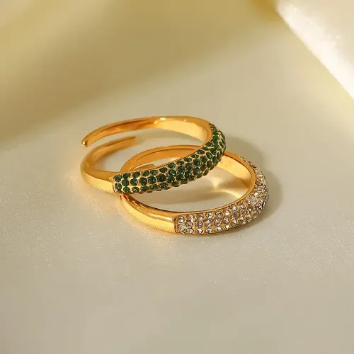 ZTRT227 18K Gold Plated Stainless Steel Ring with White & Green Zircon Women's Jewelry