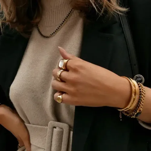 ZTRT313 Elegant Glossy Handmade Ring, 18K Gold Plated, Large Stainless Steel Band for Women