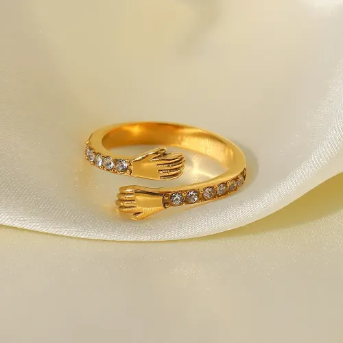 ZTRT396 18K Gold Vacuum Electroplated Double Handed Zirconium Open Ring, Stainless Steel