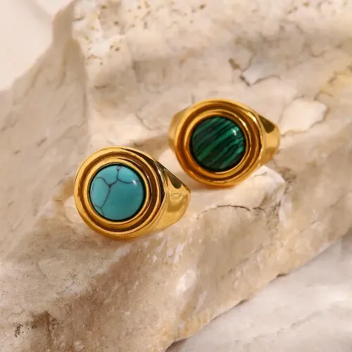 ZTRT146 Gold Plated Turquoise Malachite Band Ring for Women Non Fading Elegant Jewelry