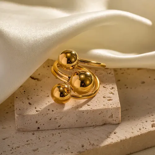 ZTRT36 New 18K Gold Plated Stainless Steel Open Ring with Triple Ball Design