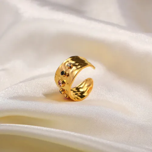 ZTRT6 18K Gold Plated Stainless Steel Ring with Colorful Zircon Women's Open Adjustable Jewelry
