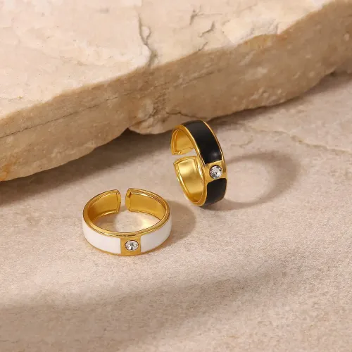ZTRT356 18K Gold Inlaid Zircon Open Ring Bracelet Black & White Oil Drip Design for Women