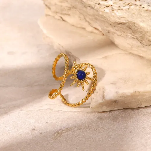 ZTRT17 18K Gold Double Row Star Ring with Inlaid Zirconia and Semi Precious Stones for Women Geometric Design