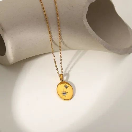 ZTNT362 18K Electroplated Stainless Steel Oval Necklace with Zirconia Eight-Pointed Star Pendant