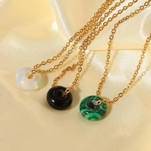 ZTNT508 Waterproof 18K Gold Plated Necklace Set with Matte Natural Stone Round Pendant Stainless Steel Jewelry Gift for Women