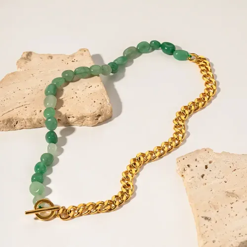 ZTNT258 18K Gold Plated OT Buckle Necklace with Colorful Natural Stone Beads & Cuban Link for Women