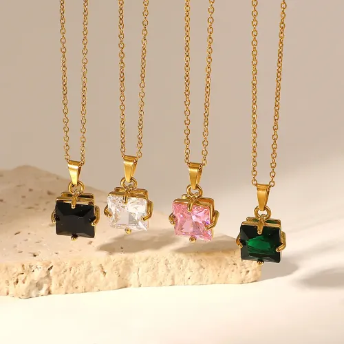 ZTNT255 18K Gold-Plated Square Zirconium Pendant Necklace Bold Colors in Stainless Steel