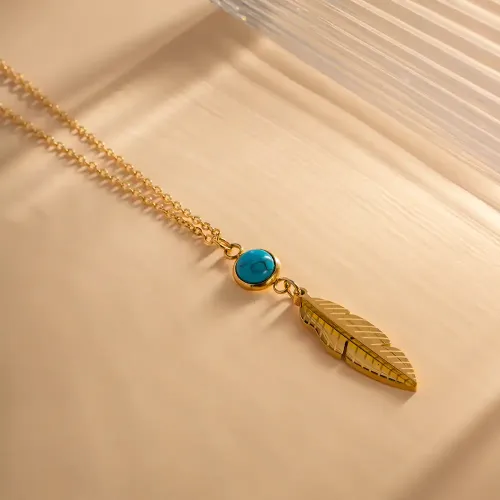 ZTNT413 Turquoise Inlaid Feather Pendant Necklace Stainless Steel Fashion Jewelry