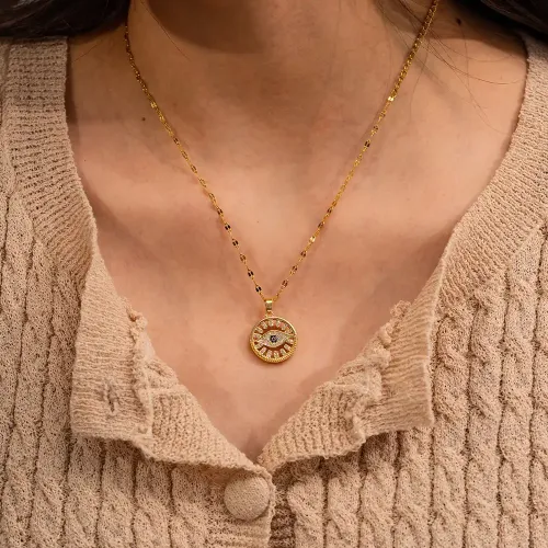 ZTNT121 18K Gold Plated Devil's Eye Pendant Necklace with Black & White Zircon Stainless Steel Jewelry