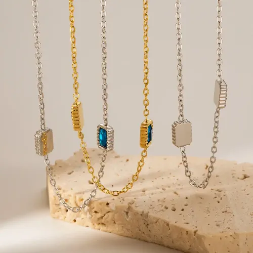 ZTNT247 Chic 14K Gold Stainless Steel Necklace with Green Zircon Squares for Women's Fashion Accessories