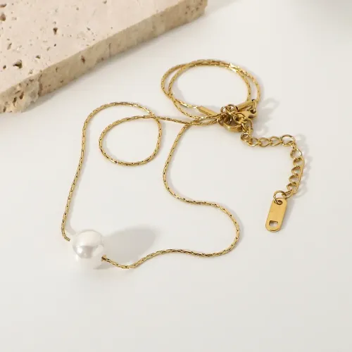 ZTNT306 14K Gold Chain Stainless Steel Single Pearl Pendant Necklace for Women