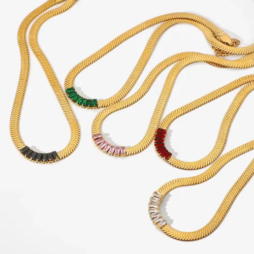 ZTNT507 18K Gold Plated Stainless Steel Rectangular Zirconia Blade Chain Necklace for Women