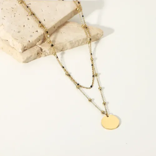 ZTNT297 Women's 14K Gold Double Layer Necklace with Black Rice Beads and Disc Pendant Stainless Steel Jewelry