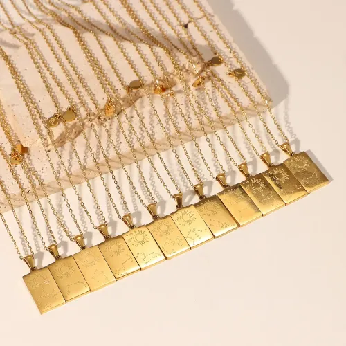 ZTNT215 Gold Square Zodiac Pendant Necklace 12 Constellation Stainless Steel Scorpio to Aquarius