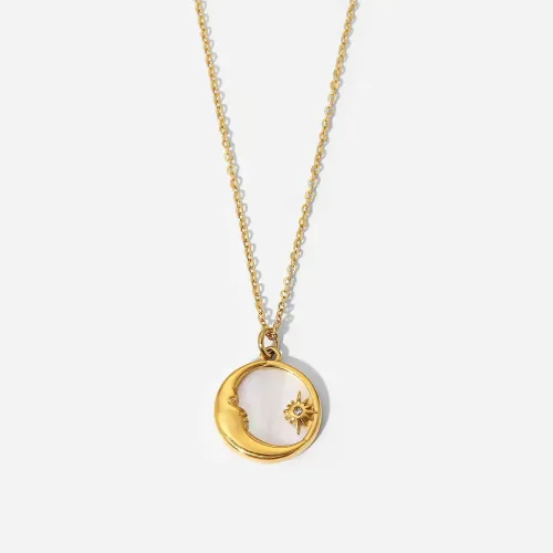 ZTNT188 18K Gold Star Moon Pendant Necklace Natural White Mother Pearl for Women