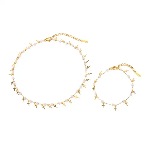 ZTNT184 18K Gold Pink Beaded cross Tassel Bracelet Stainless Steel Natural Stone Jewelry