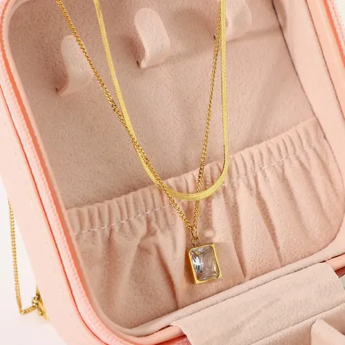 ZTNT279 18K Gold Plated Double Layer Snake Chain Necklace with Mini Square Diamond Crystal Pendant for Women