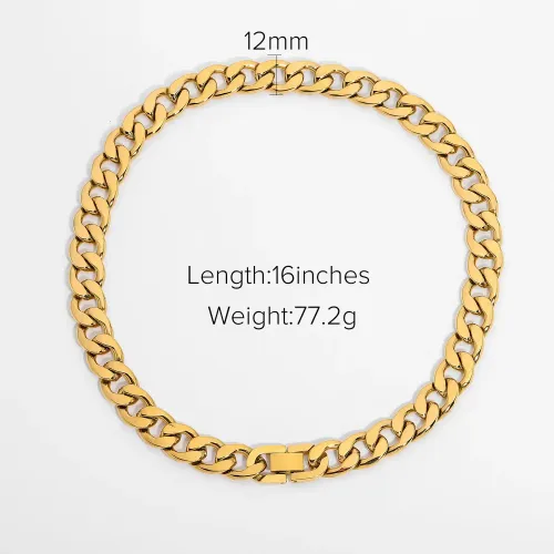 ZTNT381 18K Gold Plated 12mm Flat Curb Choker Simple Large Pin Necklace in Stainless Steel