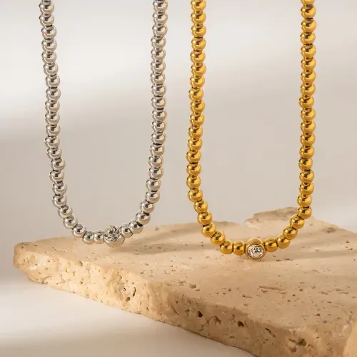 ZTNT185 16K Gold Ball Bead Necklace with White Zircon Elegant Wholesale Jewelry