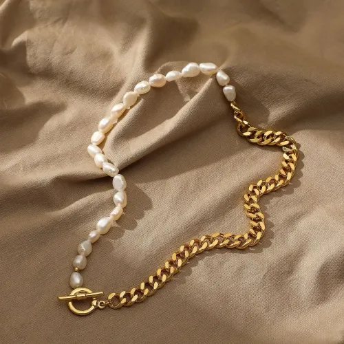 ZTNT307 14K Gold Plated Half Cuban Link Half Freshwater Pearl Unisex Necklace