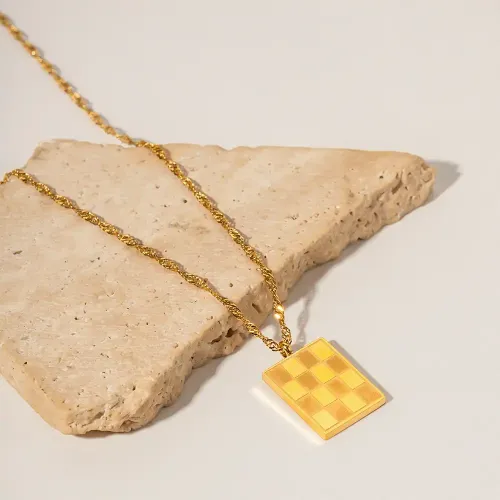 ZTNT405 Chic Square Checkerboard Pendant Necklace Gold Plated Stainless Steel Chain for Women