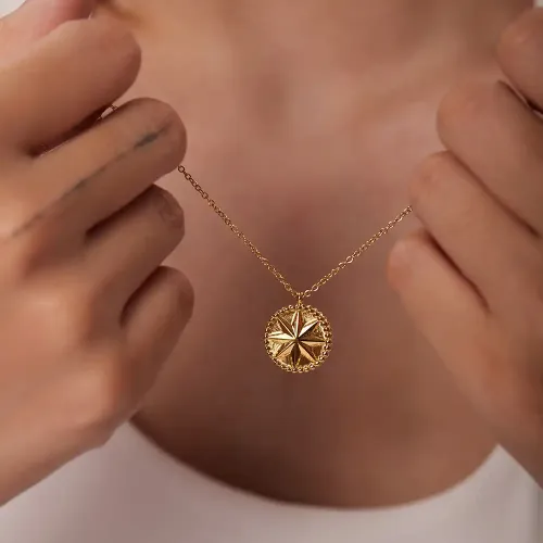 ZTNT364 18K Gold Plated Stainless Steel Necklace with Eight-Pointed Star Coin Pendant for Women