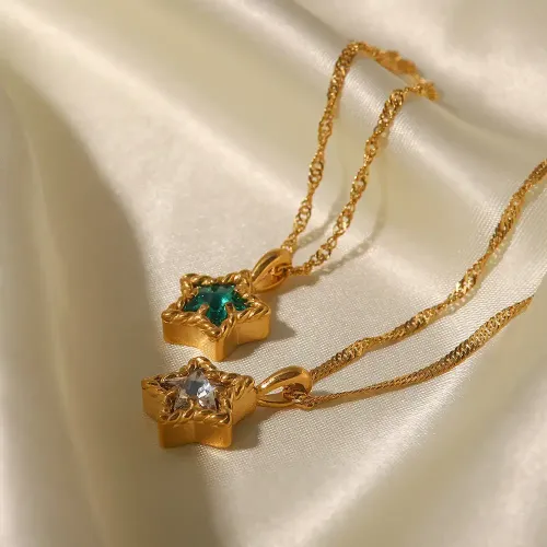 ZTNT387 18K Gold-Plated White Zircon Five-Pointed Star Pendant Water Ripple Chain Necklace for Women