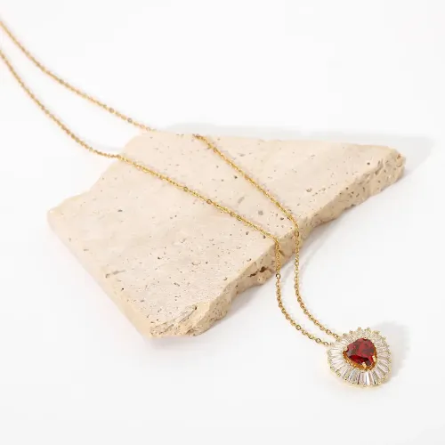 ZTNT442 18K Gold Plated Stainless Steel Necklace with Shiny Zircon & Red Gemstone Heart Pendant for Women