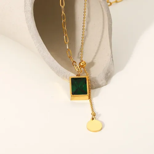 ZTNT295 Women's Y-Shaped Bead Chain Necklace with Green Zircon Square Pendant in Stainless Steel