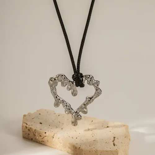 ZTNT145 Wholesale Black Love Pendant Necklace Wax Rope Stainless Steel Hollow Heart Jewelry