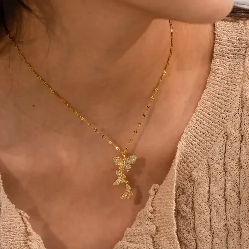 ZTNT286 18K Gold Triple Butterfly Pendant Necklace with White Zirconia Stainless Steel Jewelry