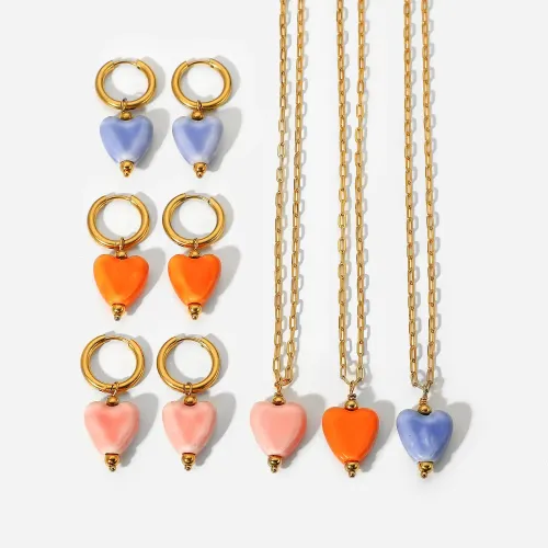 ZTNT433 18K Gold Heart Shaped Pendant Necklace Chain Stainless Steel Love Earrings Set for Women